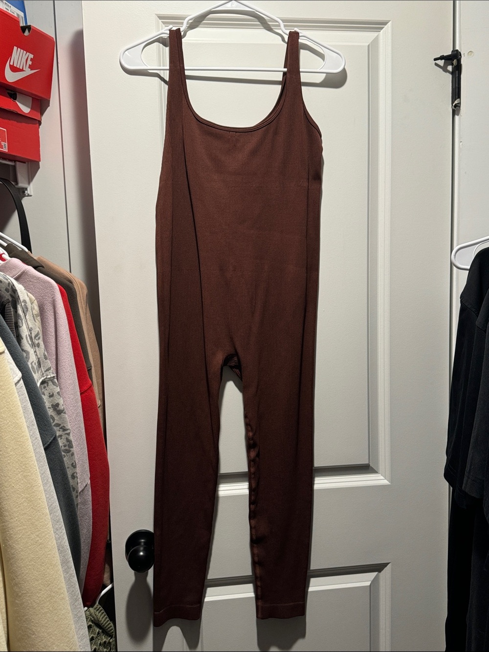 Brown Ribbed Scoop-Neck Jumpsuit